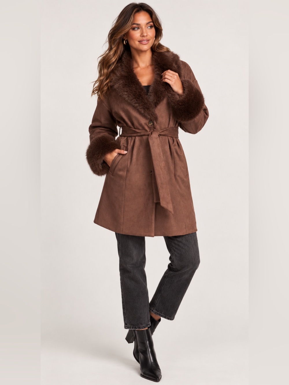 Sabyle Brown Faux-Suede Coat with Faux-Fur Collar & Cuffs small